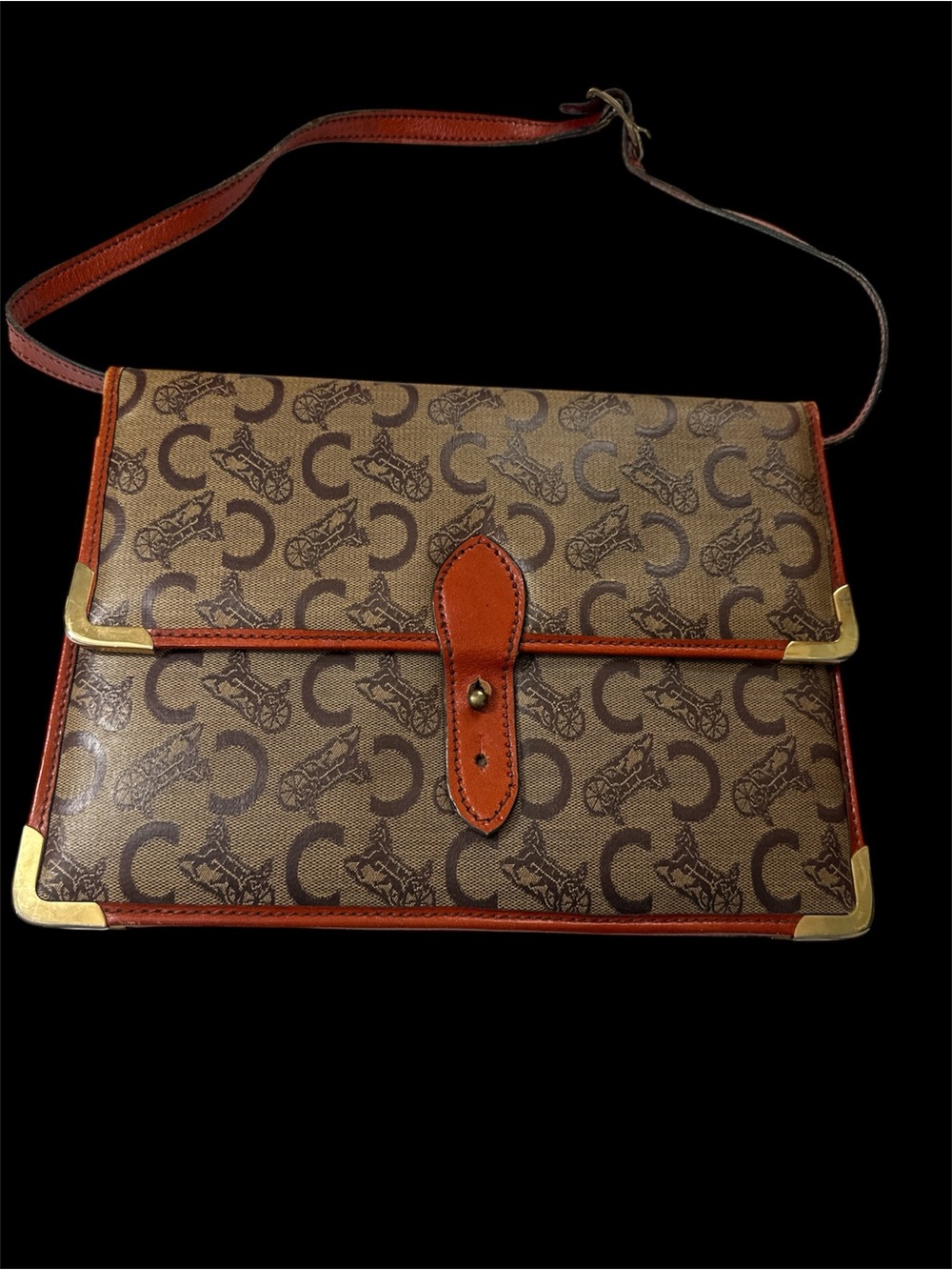 Celine Brown Monogram Canvas Shoulder Bag with Tan Trim vintage